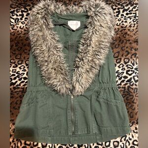 Skies Are Blue Olive Vest with Faux Fur Trim